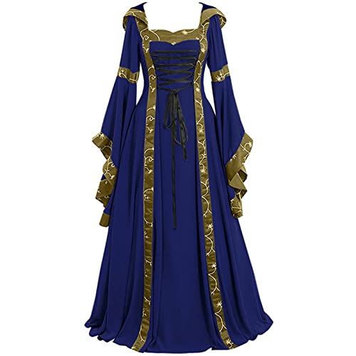 AIHERQG Halloween Cosplay Kostüme for Damen Retro Kleidung Mittelalter Langes Kleid Erwachsene Glockenärmel Spitzenkleider S-5XL(Blue1,3XL) von AIHERQG