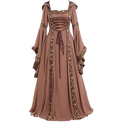 AIHERQG Halloween Cosplay Kostüme for Damen Retro Kleidung Mittelalter Langes Kleid Erwachsene Glockenärmel Spitzenkleider S-5XL(Khaki1,4XL) von AIHERQG