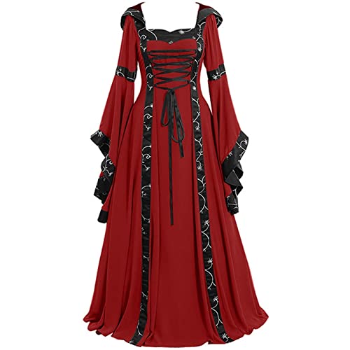 AIHERQG Halloween Cosplay Kostüme for Damen Retro Kleidung Mittelalter Langes Kleid Erwachsene Glockenärmel Spitzenkleider S-5XL(Red1,5XL) von AIHERQG