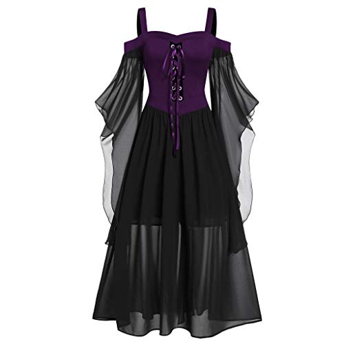 AIHERQG Halloween Hexen Sling Kleid - Mittelalter Kleid Mesh Ösen Sling Überschnittene Schultern Hexenkleid Schmetterlingsärmel Schnürung(C,3XL) von AIHERQG