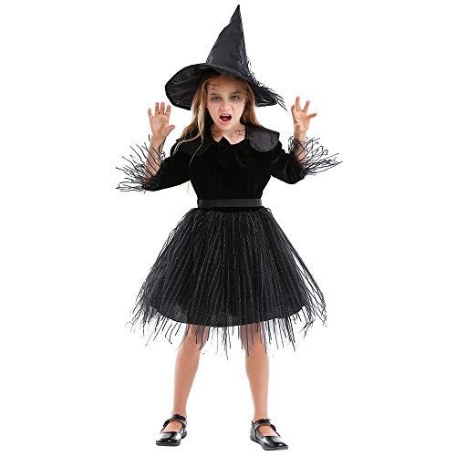 AIHERQG Halloween Kostüme for Kinder Kinder Mädchen Kleine Böse Hexe Kostüm Cosplay Tutu Kleid(Black1,L(height 130-140cm)) von AIHERQG