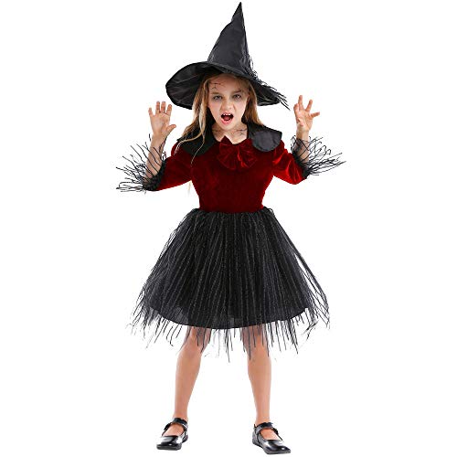 AIHERQG Halloween Kostüme for Kinder Kinder Mädchen Kleine Böse Hexe Kostüm Cosplay Tutu Kleid(Red1,L(height 130-140cm)) von AIHERQG