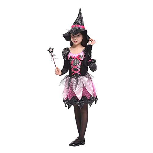 AIHERQG Halloween Kostüme for Mädchen Schillernde Hexe Mädchen Kostüm Cosplay Party Karneval Fantasia Kleid Zauberstab Tasche(XL(height 130-140cm)) von AIHERQG