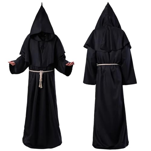 AIHERQG Halloween-Zaubererkostüm, Cosplay, mittelalterliches Kapuzengewand, Mönchsrobe, Priesterkostüm, antike Kleidung, christlicher Anzug(Black1,L) von AIHERQG