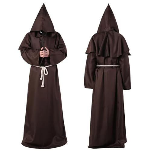 AIHERQG Halloween-Zaubererkostüm, Cosplay, mittelalterliches Kapuzengewand, Mönchsrobe, Priesterkostüm, antike Kleidung, christlicher Anzug(Coffee1,L) von AIHERQG