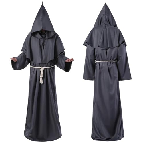 AIHERQG Halloween-Zaubererkostüm, Cosplay, mittelalterliches Kapuzengewand, Mönchsrobe, Priesterkostüm, antike Kleidung, christlicher Anzug(Grey1,L) von AIHERQG