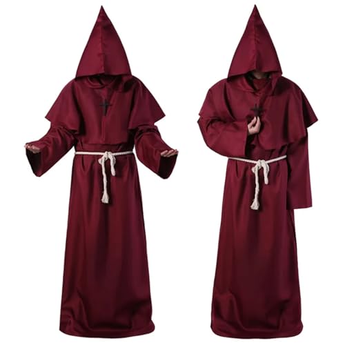 AIHERQG Halloween-Zaubererkostüm, Cosplay, mittelalterliches Kapuzengewand, Mönchsrobe, Priesterkostüm, antike Kleidung, christlicher Anzug(Red1,L) von AIHERQG