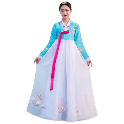 AIHERQG Hanbok Frauen Langarm Kleid Set Outfit Koreanische Traditionelle Palast Hochzeit Tanz Cosplay Halloween Kostüm(Blue White1,L) von AIHERQG