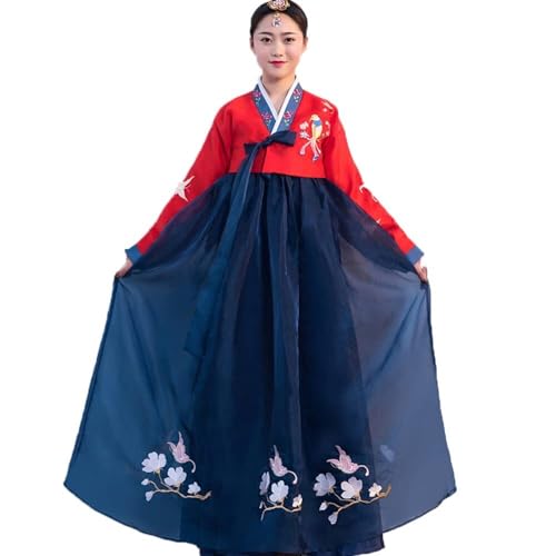 AIHERQG Hanbok Frauen Langarm Kleid Set Outfit Koreanische Traditionelle Palast Hochzeit Tanz Cosplay Halloween Kostüm(Red Blue,L) von AIHERQG