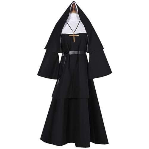 AIHERQG Nonne Cosplay Kostüm Halloween Traditionelle Erwachsene Schwarz Religiöse Robe Anzug Halloween Party Dämon Nonne Leistung Kleidung(3XL) von AIHERQG