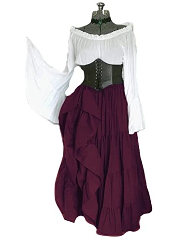 AIHERQG Party Langarmkleid Weibliche Renaissance Mittelalter Kostüme Damen Taillenkleid Halloween Cosplay Kostüm(Dark purple1,4XL) von AIHERQG