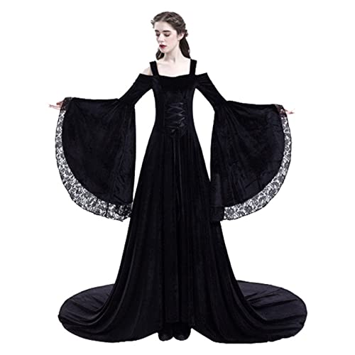 AIHERQG Retro Mittelalter Kleid Halloween Karneval Mittelalter Cosplay Kostüme for Frauen Trägerlose Schulter Spitzenkleider(Black1,4XL) von AIHERQG