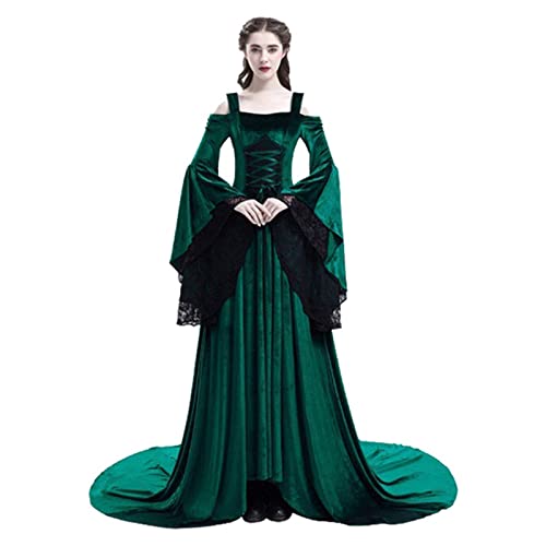 AIHERQG Retro Mittelalter Kleid Halloween Karneval Mittelalter Cosplay Kostüme for Frauen Trägerlose Schulter Spitzenkleider(Green1,S) von AIHERQG