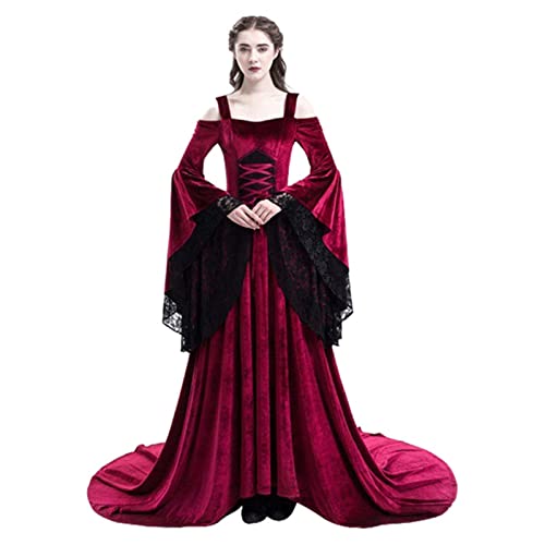 AIHERQG Retro Mittelalter Kleid Halloween Karneval Mittelalter Cosplay Kostüme for Frauen Trägerlose Schulter Spitzenkleider(Red1,4XL) von AIHERQG