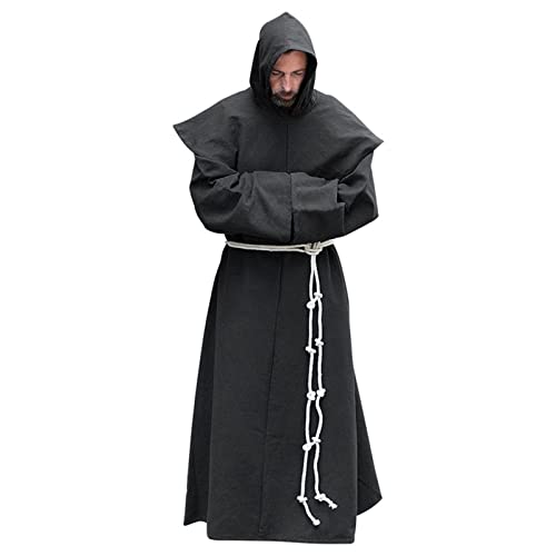 AIHERQG S-5XL Mönch Kostüm Religiöse Heilige Robe Männer Priester Kapuzenhaube Halloween Outfit(Black1,3XL) von AIHERQG