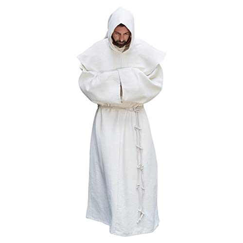 AIHERQG S-5XL Mönch Kostüm Religiöse Heilige Robe Männer Priester Kapuzenhaube Halloween Outfit(White1,3XL) von AIHERQG