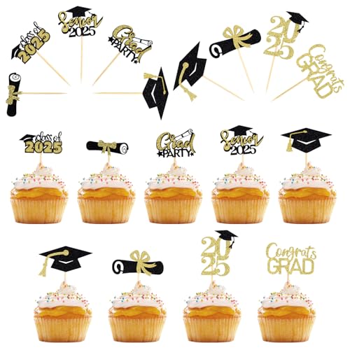 22 Stück Graduation Cupcake Toppers, 2025 Glitzer Abschluss Tortendeko, Bachelor Hut Graduation Kuchen Dekoration, Graduation Deko Torte für 2025 Abschluss Kuchen Partyzubehör von AILUYA