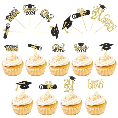 22 Stück Graduation Kuchen Dekoration, 2024 Glitzer Abschluss Tortendeko, Bachelor Hut Deko, Abschlussfeier Cake Topper, 2024 Diplom Grad Cap Cupcake Picks für 2024 Abschluss Kuchen Partyzubehör von AILUYA