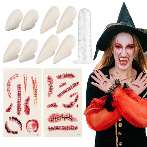 4 paar Vampir Zähne Halloween Kostüm Vampir, 4 Größen VampirzäHne mit Zähnen Pellets Kleber, Vampire Fangs mit 2 stücke Halloween Tattoo Narben, Halloween Zähne Halloween Deko für Party, 13/15/17/19mm von AILUYA