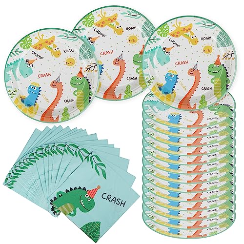 AINIUNIU Dinosaurier Geburtstag Party Set, 32 pcs Dino Geburtstag Deko - 16 Dino Servietten und 16 Dino Pappteller Dschungel Geburtstag Geschirr Kit, für Kinder Safari Geburtstagsdeko von AINIUNIU