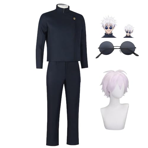 AIPILEI Anime Gojo Satoru Cosplay Kostüm Schuluniform Jacke Hose Set (mit Brille) Halloween Karneval Party Cosplay Dress Up für Herren (Kostüm + Perücke + Brille, L) von AIPILEI