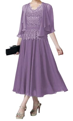 AIPILEI Brautmutter-Kleider für Hochzeit, Tee-Länge, Kleid für die Mutter des Bräutigams, Kleid mit Jacke, Hochzeitsgäste, formelles Kleid (Dusty Lavender, 18) von AIPILEI