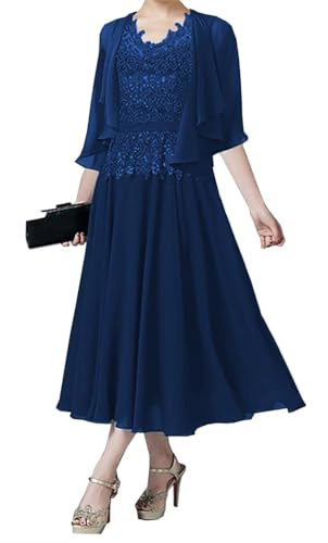 AIPILEI Brautmutter Kleider für Hochzeit Tee Länge Mutter des Bräutigams Kleid mit Jacke Hochzeit Gast formale Kleid (Marineblau, 16) von AIPILEI