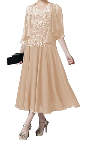 AIPILEI Brautmutterkleider für Hochzeit, Tee-Länge, Kleid für die Mutter des Bräutigams, Kleid mit Jacke, Hochzeitsgäste, formelles Kleid (Champagner, 20) von AIPILEI