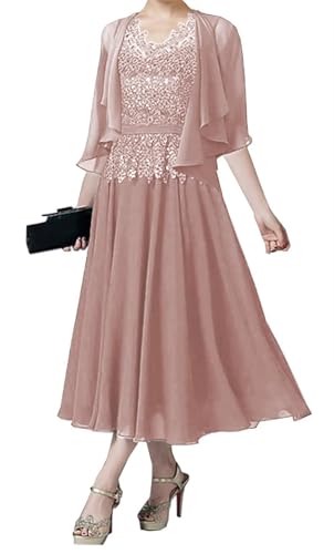 AIPILEI Brautmutterkleider für Hochzeit, Tee-Länge, Kleid für die Mutter des Bräutigams, Kleid mit Jacke, Hochzeitsgäste, formelles Kleid (Dusty Rose, 10) von AIPILEI