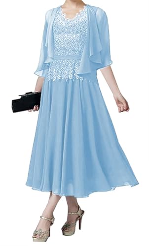 AIPILEI Brautmutterkleider für Hochzeit, Tee-Länge, Kleid für die Mutter des Bräutigams, Kleid mit Jacke, Hochzeitsgäste, formelles Kleid (Himmelblau, 12) von AIPILEI