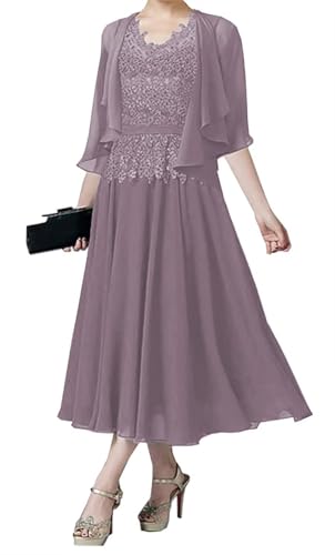 AIPILEI Brautmutterkleider für Hochzeit, Tee-Länge, Kleid für die Mutter des Bräutigams, Kleid mit Jacke, Hochzeitsgäste, formelles Kleid (Mauve, 24) von AIPILEI