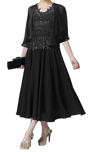 AIPILEI Brautmutterkleider für Hochzeit, Tee-Länge, Kleid für die Mutter des Bräutigams, Kleid mit Jacke, Hochzeitsgäste, formelles Kleid (Schwarz, 14) von AIPILEI