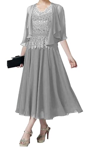 AIPILEI Brautmutterkleider für Hochzeit, Tee-Länge, Kleid für die Mutter des Bräutigams, Kleid mit Jacke, Hochzeitsgäste, formelles Kleid (Silber, 12) von AIPILEI