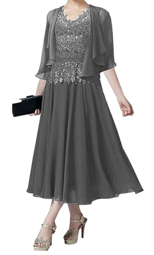 AIPILEI Brautmutterkleider für Hochzeit, Tee-Länge, Kleid für die Mutter des Bräutigams, Kleid mit Jacke, Hochzeitsgäste, formelles Kleid (Stahlgrau, 20) von AIPILEI