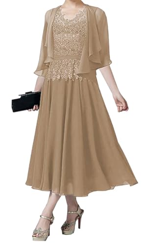 AIPILEI Brautmutterkleider für Hochzeit, Tee-Länge, Kleid für die Mutter des Bräutigams, Kleid mit Jacke, Hochzeitsgäste, formelles Kleid (Taupe, 14) von AIPILEI