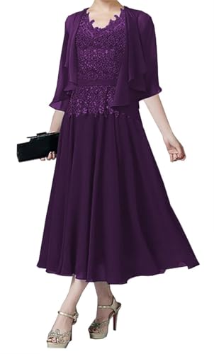 AIPILEI Brautmutterkleider für Hochzeit, Tee-Länge, Kleid für die Mutter des Bräutigams, Kleid mit Jacke, Hochzeitsgäste, formelles Kleid (Traube, 10) von AIPILEI