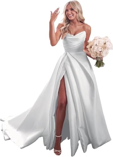 AIPILEI Damen Trägerloses Satin Brautkleider Lang Hochzeitskleid A-Linie Abschlussball Partykleider mit Schlitz (Weiß, 22) von AIPILEI