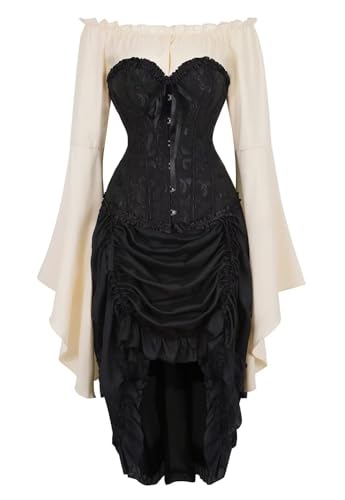 AIPILEI Korsett-Oberteil für Damen, Rock mit Tutu, 3er-Set, Übergröße, Vintage, Schnürung, Gothic-Kostüm, Halloween, 6388 Schwarzweiß, 3 Stück, Größe 3XL von AIPILEI