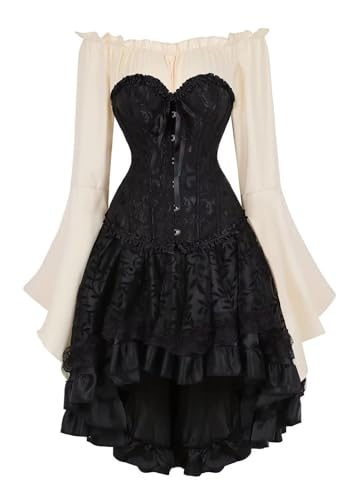 AIPILEI Korsett-Oberteil für Damen, Rock mit Tutu, 3er-Set, Übergröße, Vintage-Stil, Schnürung, Gothic-Kostüm, Halloween (Schwarzkhaki, 3 Set, M) von AIPILEI