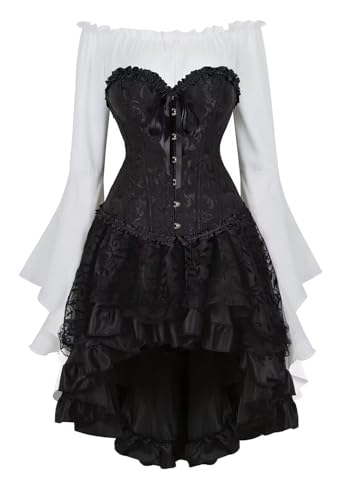 AIPILEI Korsett-Tops für Damen, Rock mit Tutu, 3er-Set, Übergröße, Vintage-Stil, Schnürung, Gothic-Kostüm, Halloween (Schwarzweiß, 3 Set, 3XL) von AIPILEI