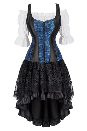 AIPILEI Korsettkleid, 3-teiliges Outfit für Damen, Träger-Tank-Bustiers, Rock, Tutu, weiße Blusen-Set, Kostüm, Halloween, Blau, Größe 3XL von AIPILEI