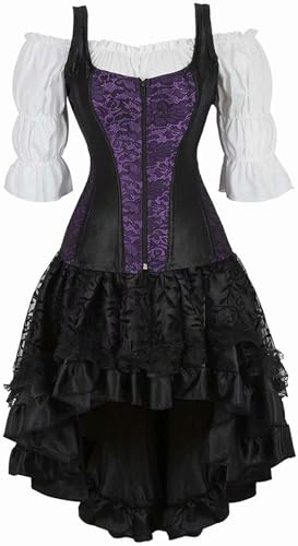 AIPILEI Korsettkleid, 3-teiliges Outfit für Damen, Träger-Tank-Bustiers, Rock, Tutu, weiße Blusen-Set, Kostüm, Halloween, Lila, Größe 3XL von AIPILEI