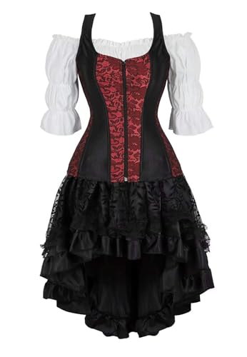 AIPILEI Korsettkleid, 3-teiliges Outfit für Damen, Träger-Tank-Bustiers, Rock, Tutu, weiße Blusen-Set, Kostüm, Halloween, Rot, Größe 3XL von AIPILEI