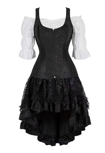 AIPILEI Korsettkleid, 3-teiliges Outfit für Damen, Träger-Tank-Bustiers, Rock, Tutu, weiße Blusen-Set, Kostüm, Halloween, Schwarz, Größe 4XL von AIPILEI