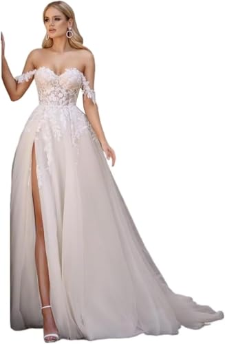 AIPILEI Langes Brautkleid für Damen, Strandkleid, für Hochzeit, Spitzenapplikation, Tüll, schulterfrei, Elfenbein, 20 AIPILEI Langes Brautkleid für Damen, Strandkleid, für Hochzeit, Spitzenapplikation, Tüll, schulterfrei, Elfenbein, 20 von AIPILEI