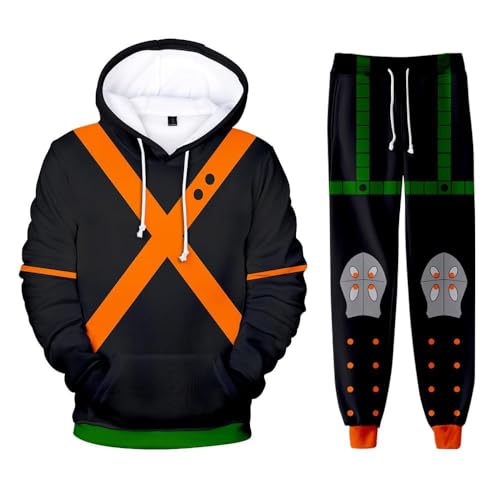 AIPILEI MHA Kapuzenpullover und Sweatpants Set Midoriya Izuku Todoroki Bakugou Cosplay Kapuzen-Sweatshirt Hose 2-teiliger Trainingsanzug für Herren und Damen, Bakugou Katsuki, XXL von AIPILEI