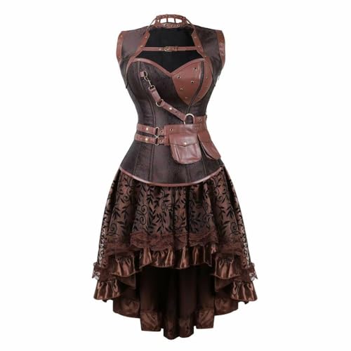 AIPILEI Steampunk-Korsettkleid, Leder-Basken- und Bustierrock, Gothic, Asymmetrie, Spitze, Piratenkostüm, Halloween, Steampunk-Korsettkleid, Größe 4XL von AIPILEI