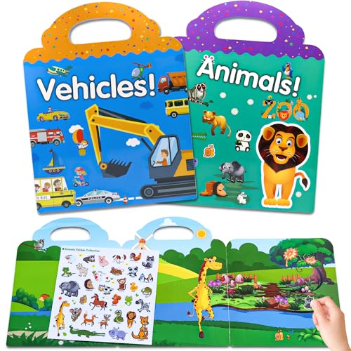 Wiederverwendbare Sticker Kinder 2 Pack Sticker Kinder Fahrzeuge Tiere, Stickerbuch ab 2 Jahre, Sticker Set mit Kreative Spiel Szene und Aufkleber Illustrationen, Stickerheft für Junge Mädchen von AIRNOGO