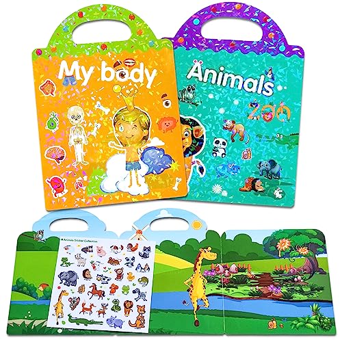 Wiederverwendbare Sticker Kinder 2 Pack Sticker Kinder Mein Körper und Tiere, Stickerbuch ab 2 Jahre, Sticker Set mit Kreative Spiel Szene und Aufkleber Illustrationen, Stickerheft für Junge Mädchen von AIRNOGO