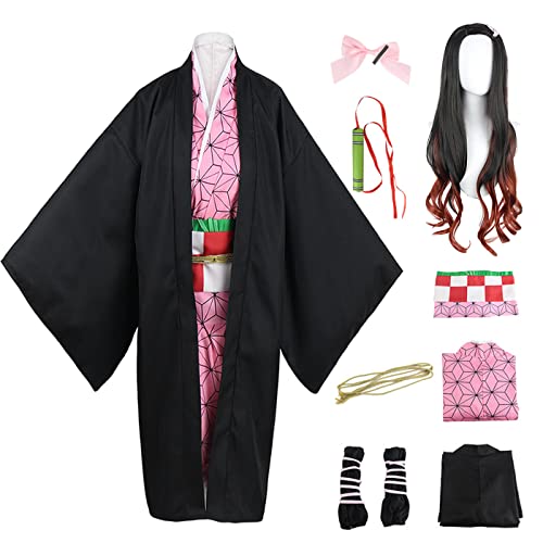 AISHANGYIDE Damen Kamado Nezuko Cosplay Kostüm mit Perücke und Zubehör Anime Kostüm Kimetsu no Yaiba Nezuko Kimono Halloween Karneval Party Bühnenperformance Kostüm Erwachsene von AISHANGYIDE